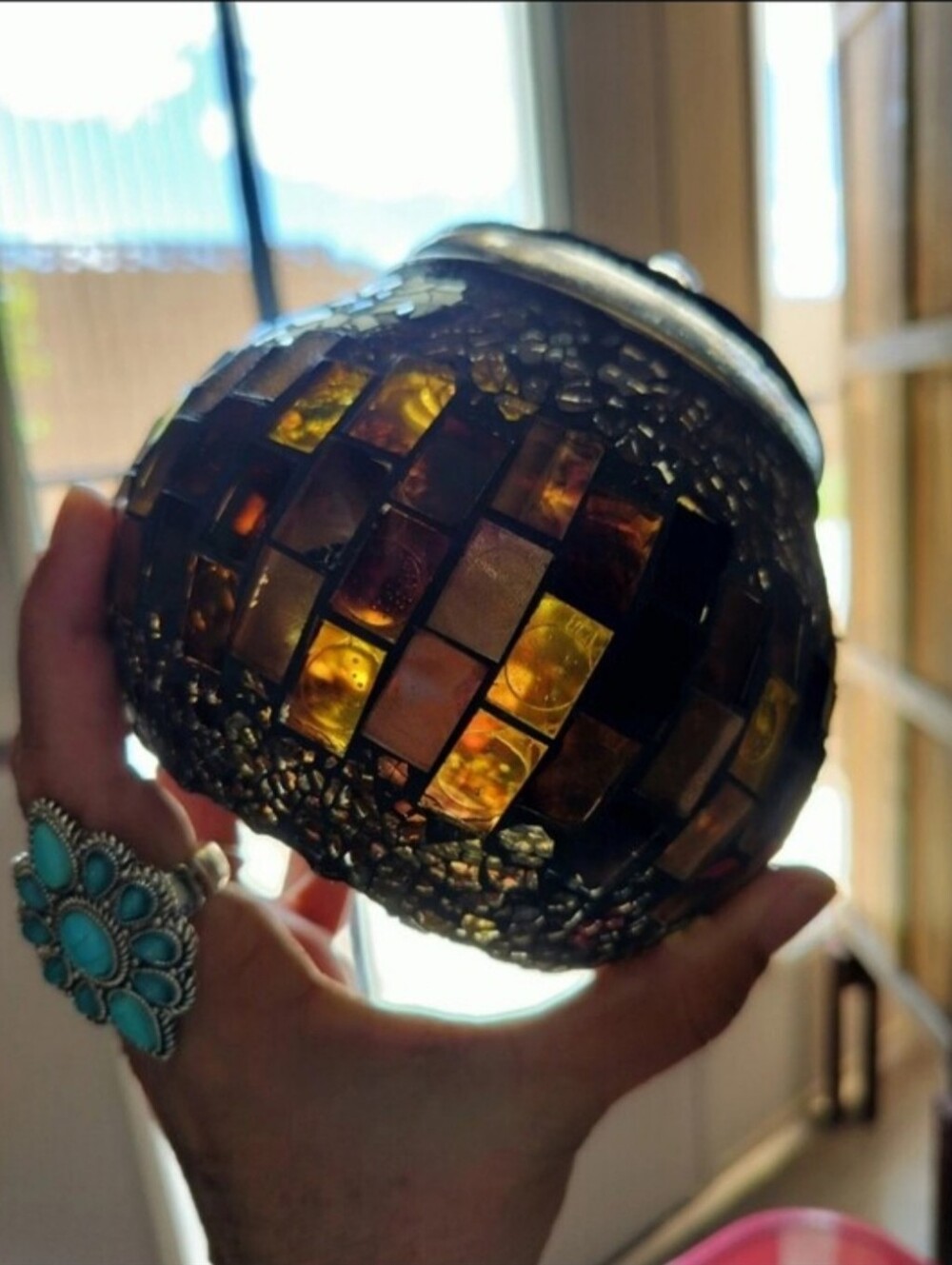 2 Handcrafted Mosaic Tile Glass Jar with Rubberized Seal Lid -Brown & Amber Gold